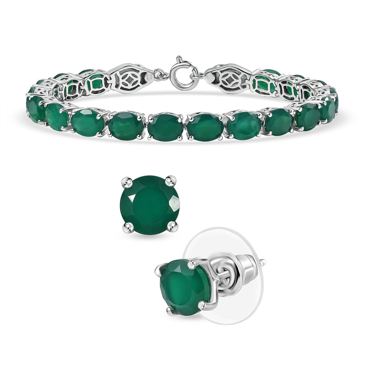 2 Piece Set - Karis Green Onyx, Natural Champagne Zircon Linking Bracelet (8.00In) and Solitaire Stud Earrings in Platinum Bond 47.90 ctw image number 0