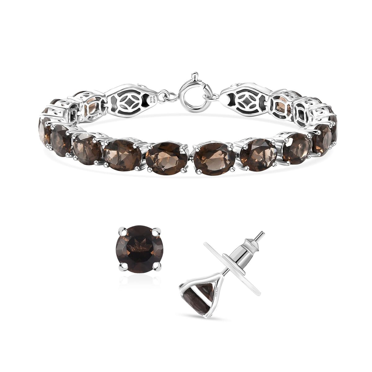 2 Piece Set - Karis Brazilian Smoky Quartz, Natural Champagne Zircon Linking Bracelet (7.25In) and Solitaire Stud Earrings in Platinum Bond 43.20 ctw image number 0