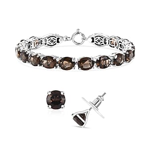 2 Piece Set - Karis Brazilian Smoky Quartz, Natural Champagne Zircon Linking Bracelet (7.25In) and Solitaire Stud Earrings in Platinum Bond 43.20 ctw