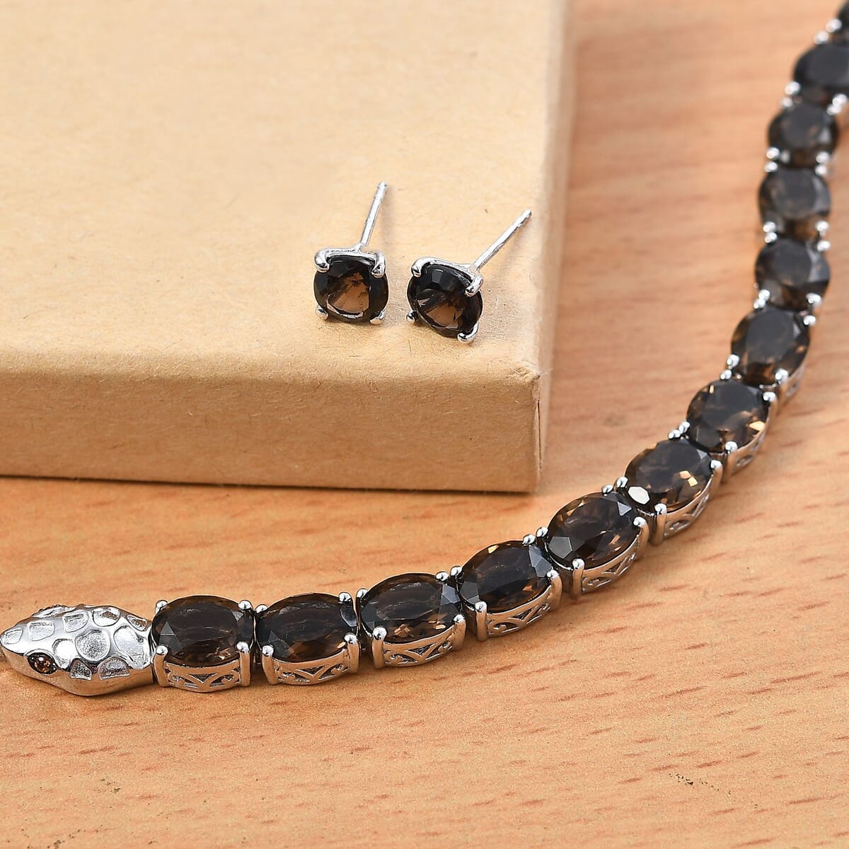 2 Piece Set - Karis Brazilian Smoky Quartz, Natural Champagne Zircon Linking Bracelet (7.25In) and Solitaire Stud Earrings in Platinum Bond 43.20 ctw image number 1