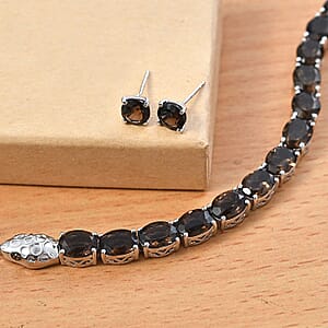 2 Piece Set - Karis Brazilian Smoky Quartz, Natural Champagne Zircon Linking Bracelet (7.25In) and Solitaire Stud Earrings in Platinum Bond 43.20 ctw