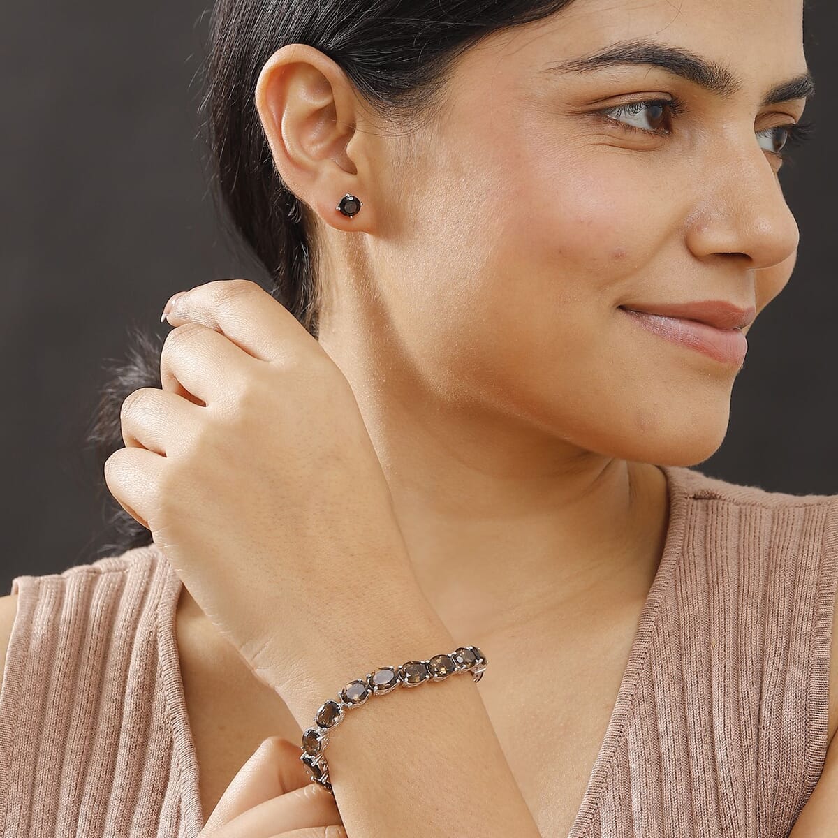 2 Piece Set - Karis Brazilian Smoky Quartz, Natural Champagne Zircon Linking Bracelet (7.25In) and Solitaire Stud Earrings in Platinum Bond 43.20 ctw image number 2