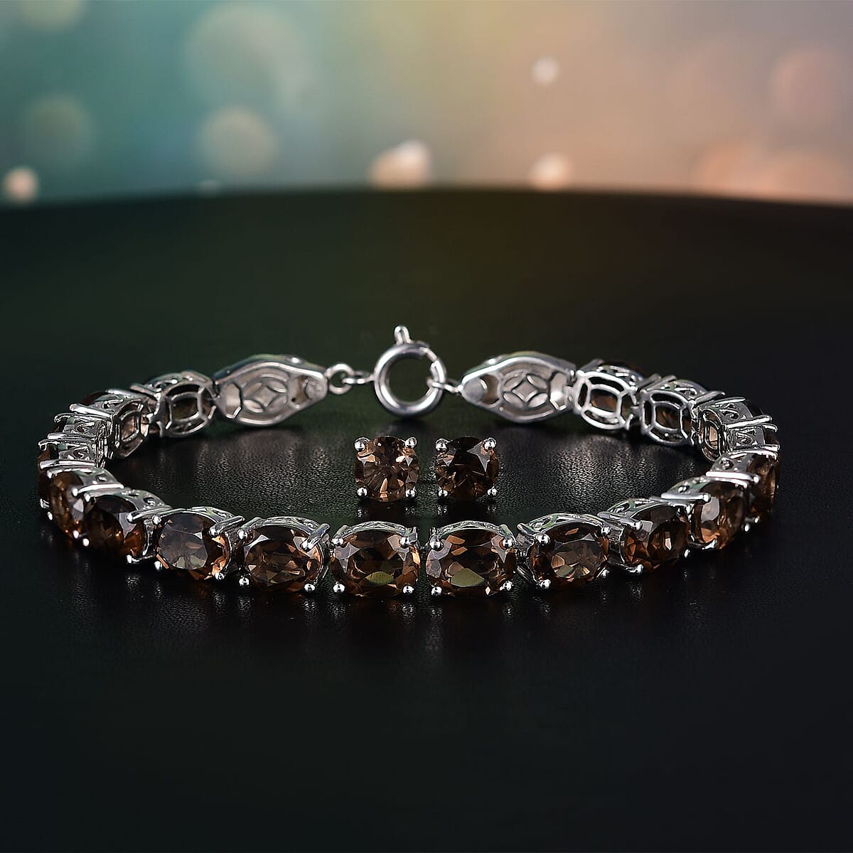2Pc Set - Karis Brazilian Smoky Quartza and Natural Champagne Zircon 47.90 ctw Linking Bracelet (8.00In) and Solitaire Stud Earrings in Platinum Bond image number 1