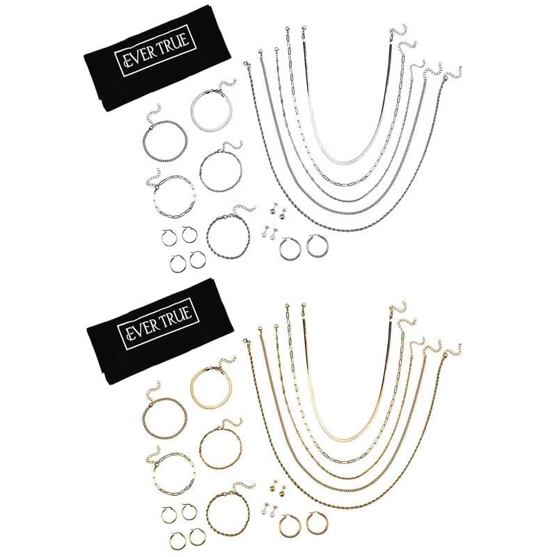 EverTrue 30pcs Set - 10pcs Necklace (18, 20 & 22Inch) and 10pcs Bracelet and 6pcs Hoop Earrings and 4pair Studs in ION Plated YG and Stainless Steel