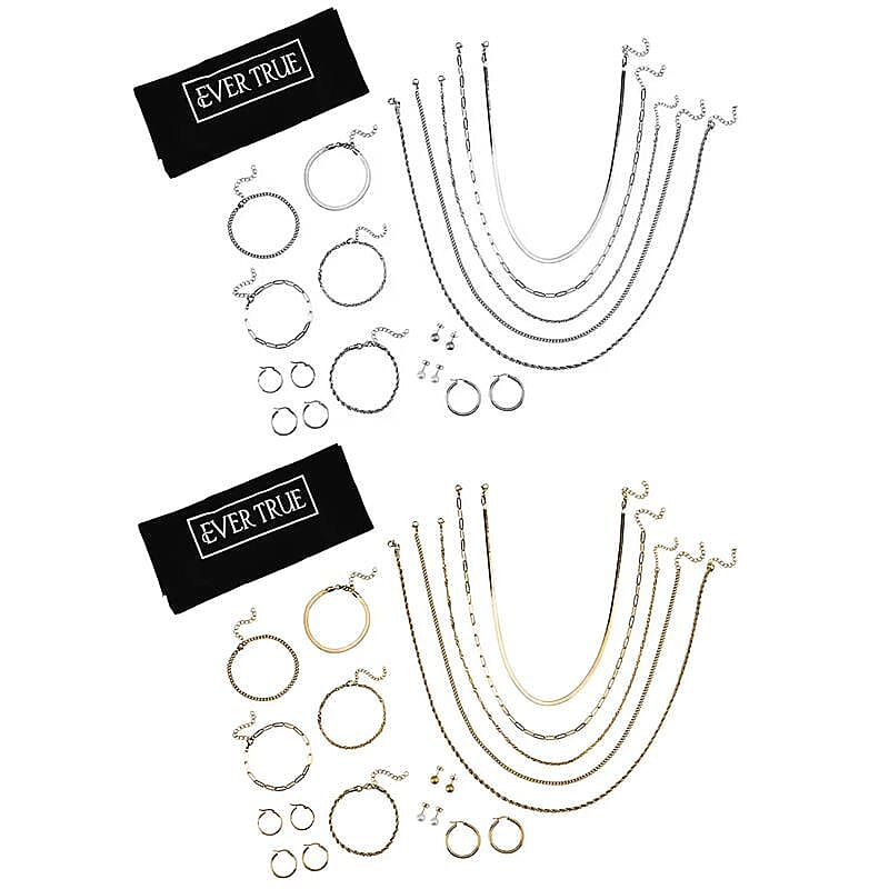EverTrue 30pcs Set - 10pcs Necklace (18, 20 & 22Inch) and 10pcs Bracelet and 6pcs Hoop Earrings and 4pair Studs in ION Plated YG and Stainless Steel