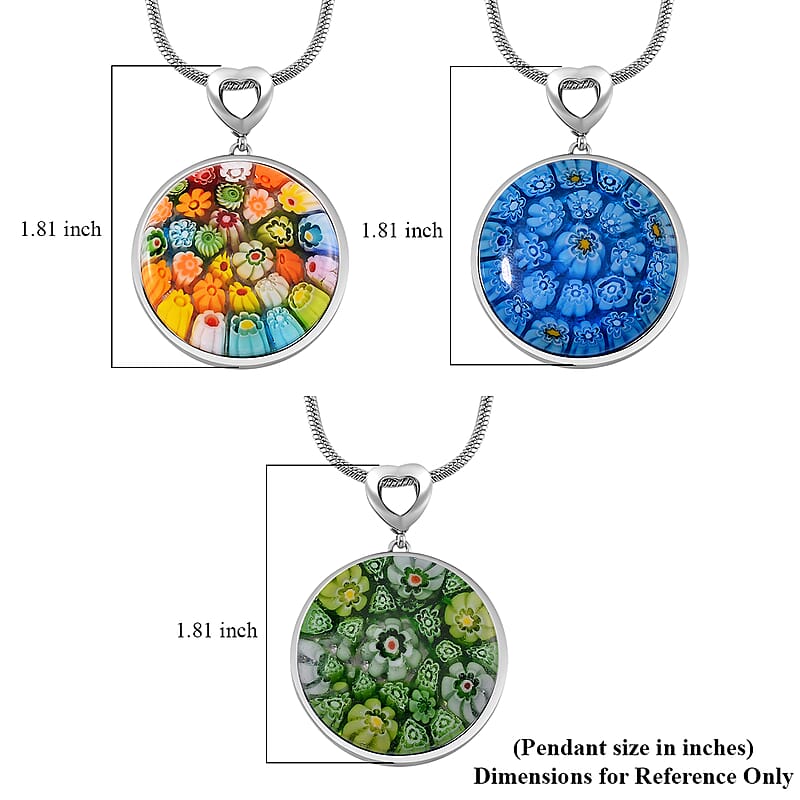 3 Piece Set - Multi Color Murano Style Pendant Necklace 24-28 Inches in Stainless Steel (Del. In 10-12 Days)