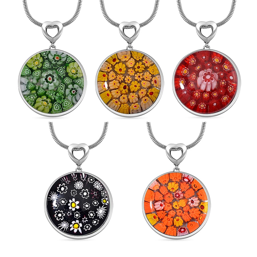 5 Piece Set - Multi Color Murano Style Pendant Necklace 24-28 Inches in Stainless Steel (Del. In 10-12 Days)