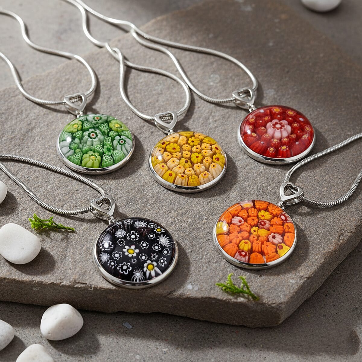 5 Piece Set - Multi Color Murano Style Pendant Necklace 24-28 Inches in Stainless Steel (Del. In 10-12 Days) image number 1