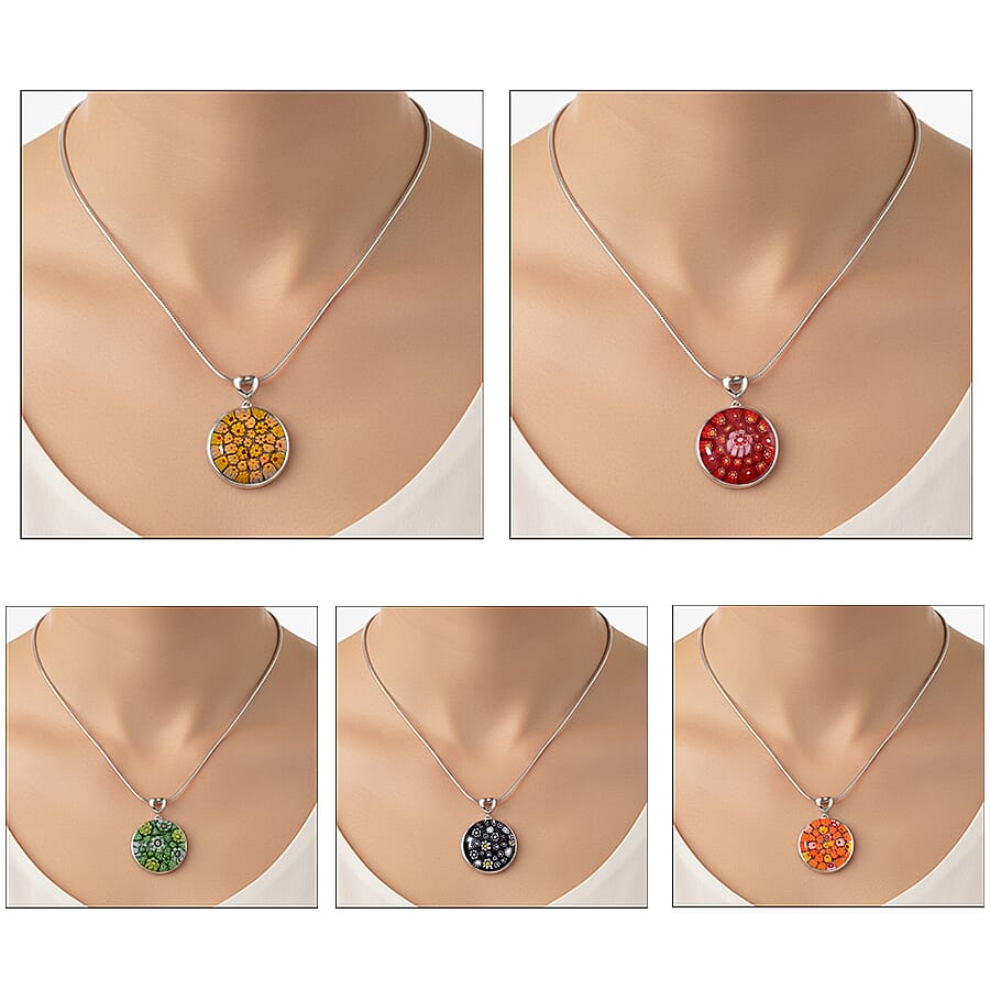 5 Piece Set - Multi Color Murano Style Pendant Necklace 24-28 Inches in Stainless Steel (Del. In 10-12 Days)
