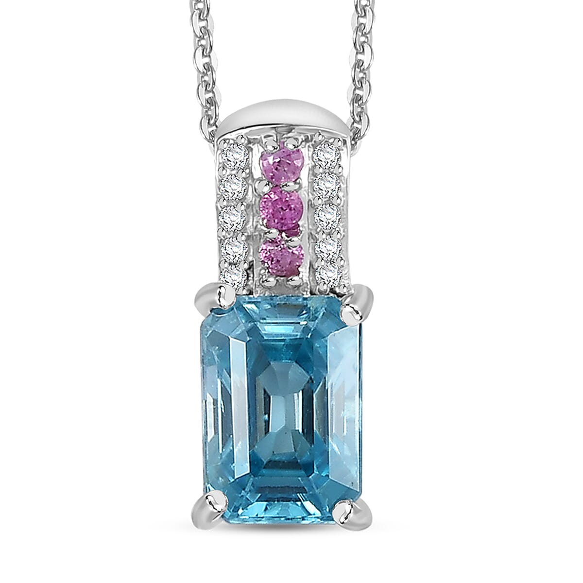 Combodian Blue Zircon and Multi Gemstone 1.50 ctw Pendant Necklace in Rhodium Over Sterling Silver 20 Inches