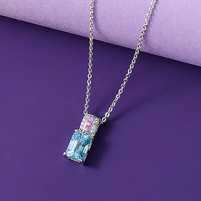 Cambodian Blue Zircon and Multi Gemstone 1.50 ctw Pendant Necklace in Rhodium Over Sterling Silver 20 Inches