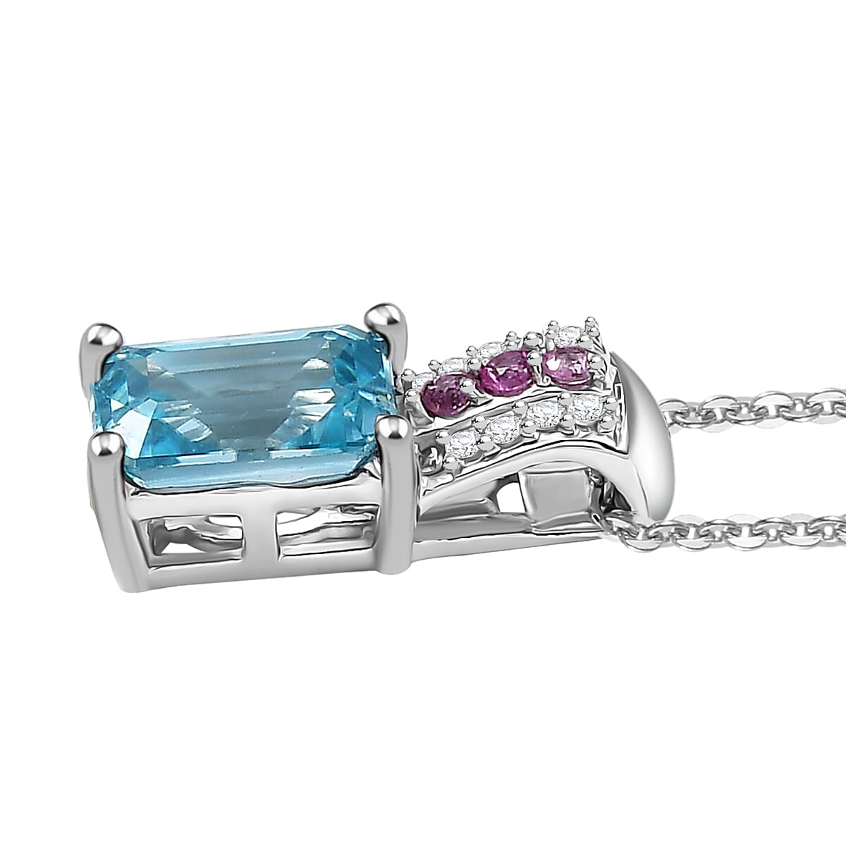Cambodian Blue Zircon and Multi Gemstone 1.50 ctw Pendant Necklace in Rhodium Over Sterling Silver 20 Inches image number 3