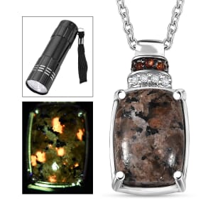 Natural Yooperlite and Multi Gemstone 6.90 ctw Pendant in Rhodium Over Sterling Silver with Stainless Steel Necklace and Free UV Flash Light 20 Inches