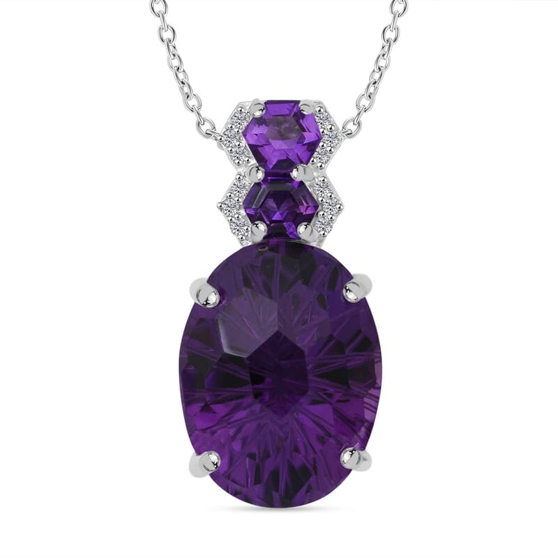 Honeycomb Cut African Amethyst and White Zircon 10.10 ctw Baroque Pendant Necklace in Rhodium Over Sterling Silver 20 Inches