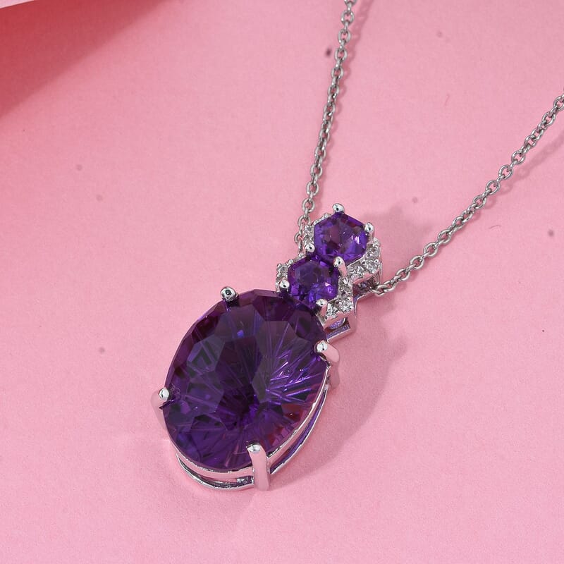 Honeycomb Cut African Amethyst and White Zircon 10.10 ctw Baroque Pendant Necklace in Rhodium Over Sterling Silver 20 Inches