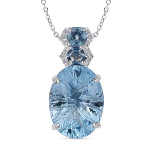 Honeycomb Cut Sky Blue Topaz and White Zircon 10.10 ctw Baroque Pendant Necklace in Rhodium Over Sterling Silver 20 Inches