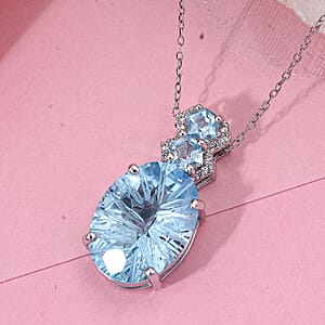 Honeycomb Cut Sky Blue Topaz and White Zircon 10.10 ctw Baroque Pendant Necklace in Rhodium Over Sterling Silver 20 Inches