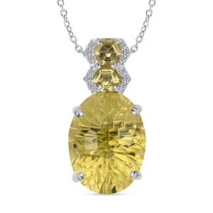 Honeycomb Cut Green Gold Quartz and White Zircon 10.10 ctw Baroque Pendant Necklace in Rhodium Over Sterling Silver 20 Inches