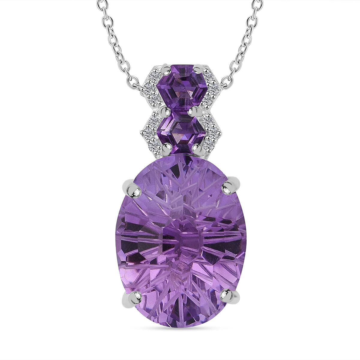 Honeycomb Cut Rose De France Amethyst and White Zircon 10.10 ctw Baroque Pendant Necklace in Rhodium Over Sterling Silver 20 Inches image number 0