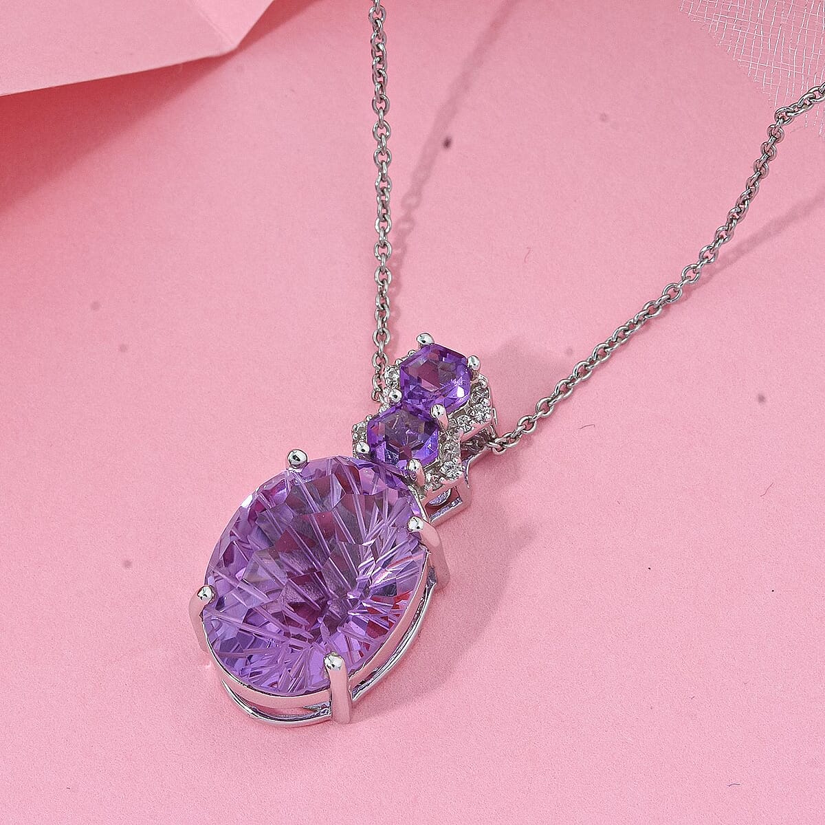 Honeycomb Cut Rose De France Amethyst and White Zircon 10.10 ctw Baroque Pendant Necklace in Rhodium Over Sterling Silver 20 Inches image number 1