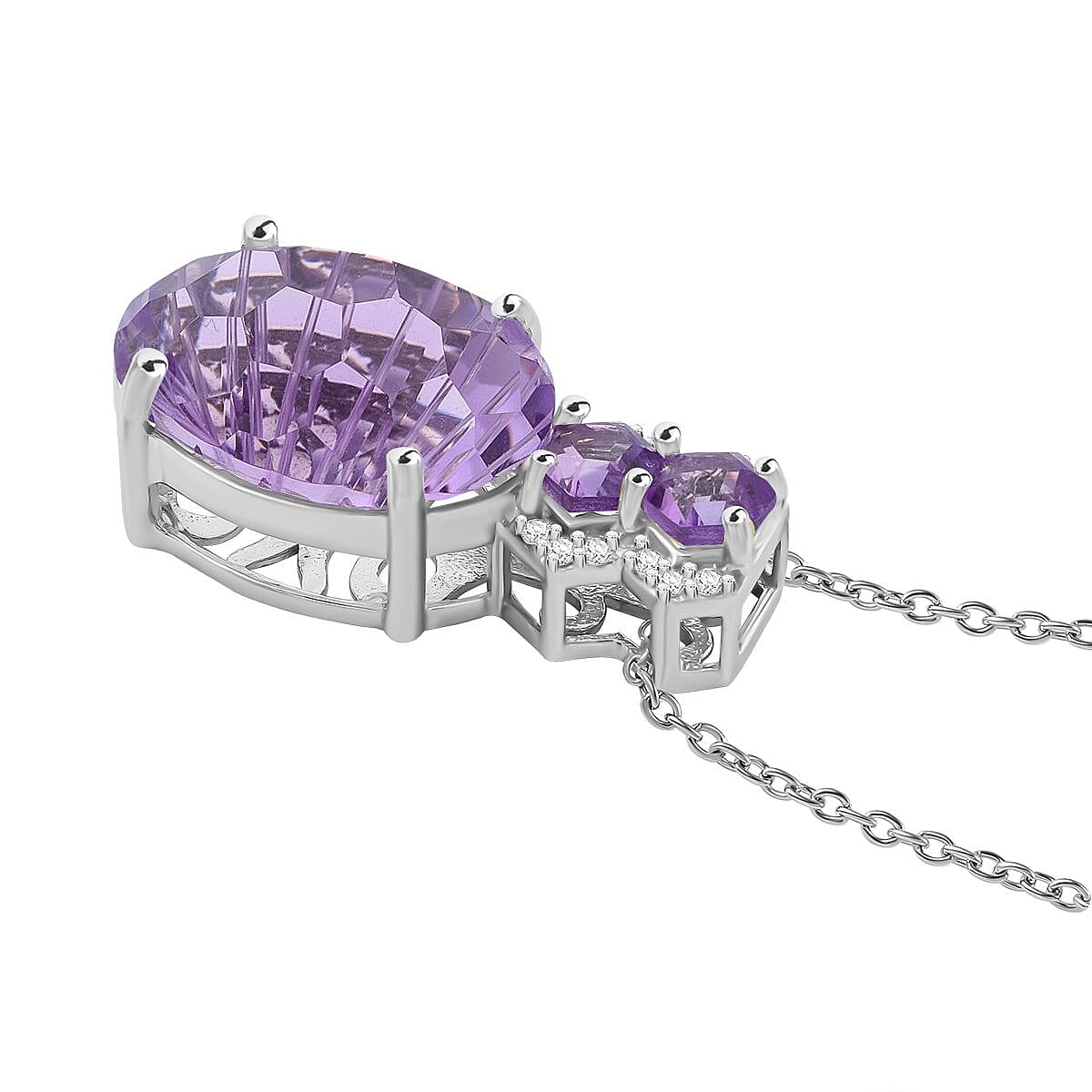 Honeycomb Cut Rose De France Amethyst and White Zircon 10.10 ctw Baroque Pendant Necklace in Rhodium Over Sterling Silver 20 Inches image number 3