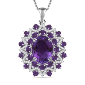 African Amethyst and White Zircon 13.85 ctw Eclipse Royale Pendant Necklace in Rhodium Over Sterling Silver 20 Inches