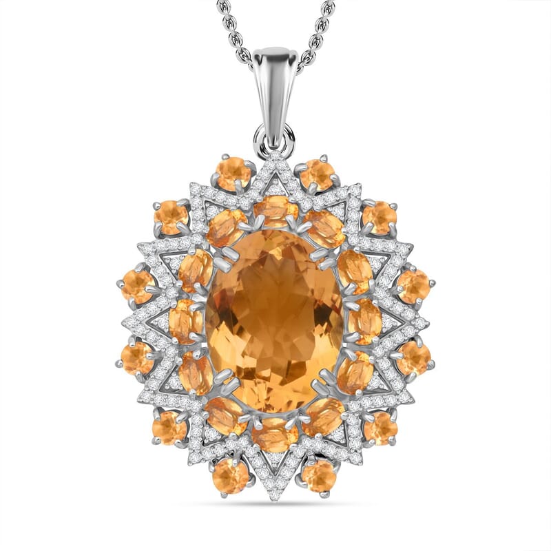 D'Joy Brazilian Citrine and White Zircon 13.25 ctw Eclipse Royale Pendant Necklace in Rhodium Over Sterling Silver 20 Inches