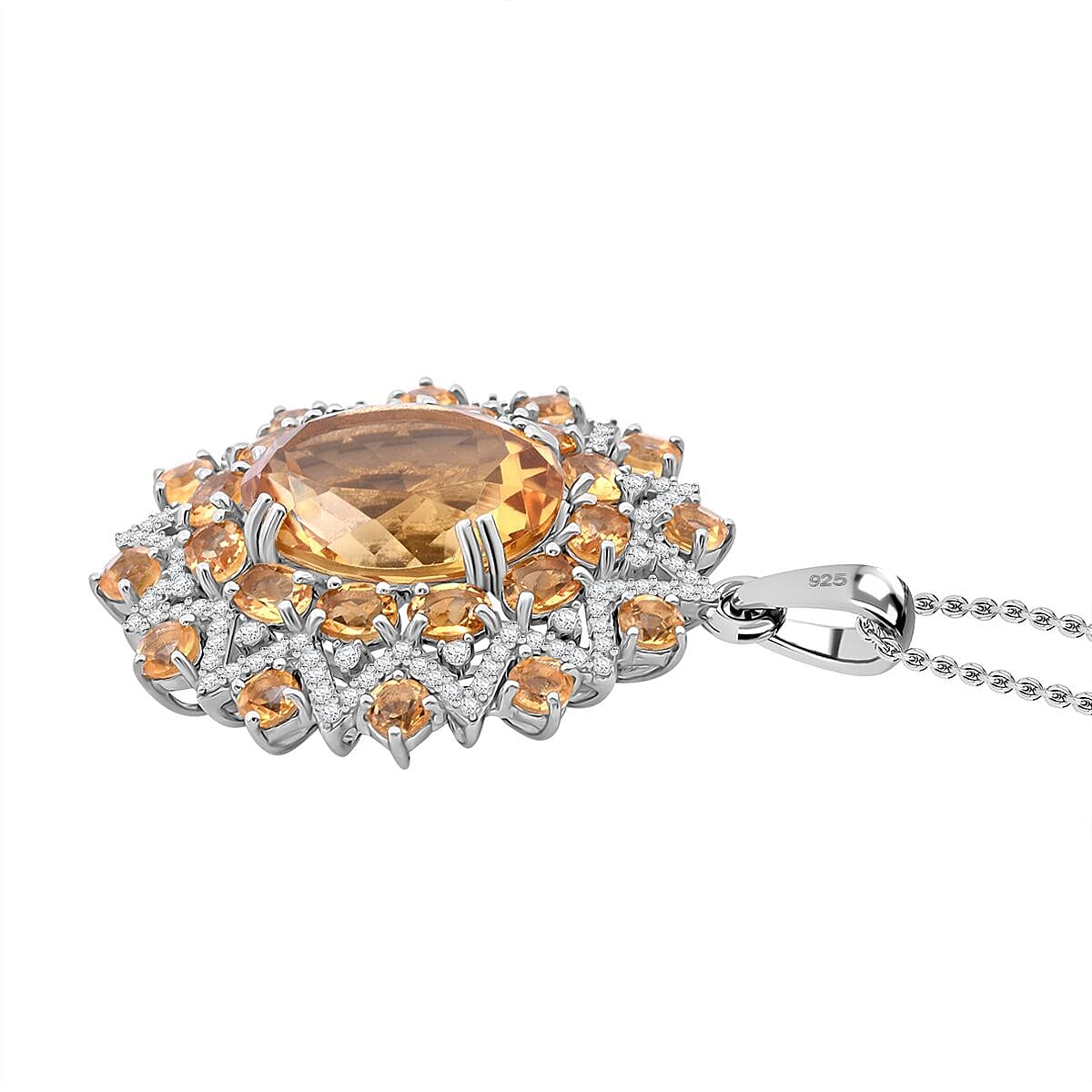 D'Joy Brazilian Citrine and White Zircon 13.25 ctw Eclipse Royale Pendant Necklace in Rhodium Over Sterling Silver 20 Inches