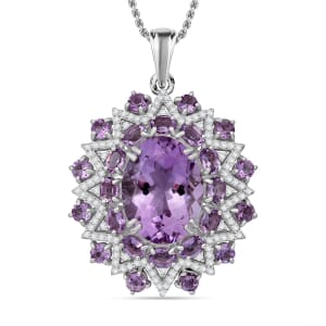 Rose De France Amethyst and White Zircon 13.00 ctw Eclipse Royale Pendant Necklace in Rhodium Over Sterling Silver 20 Inches