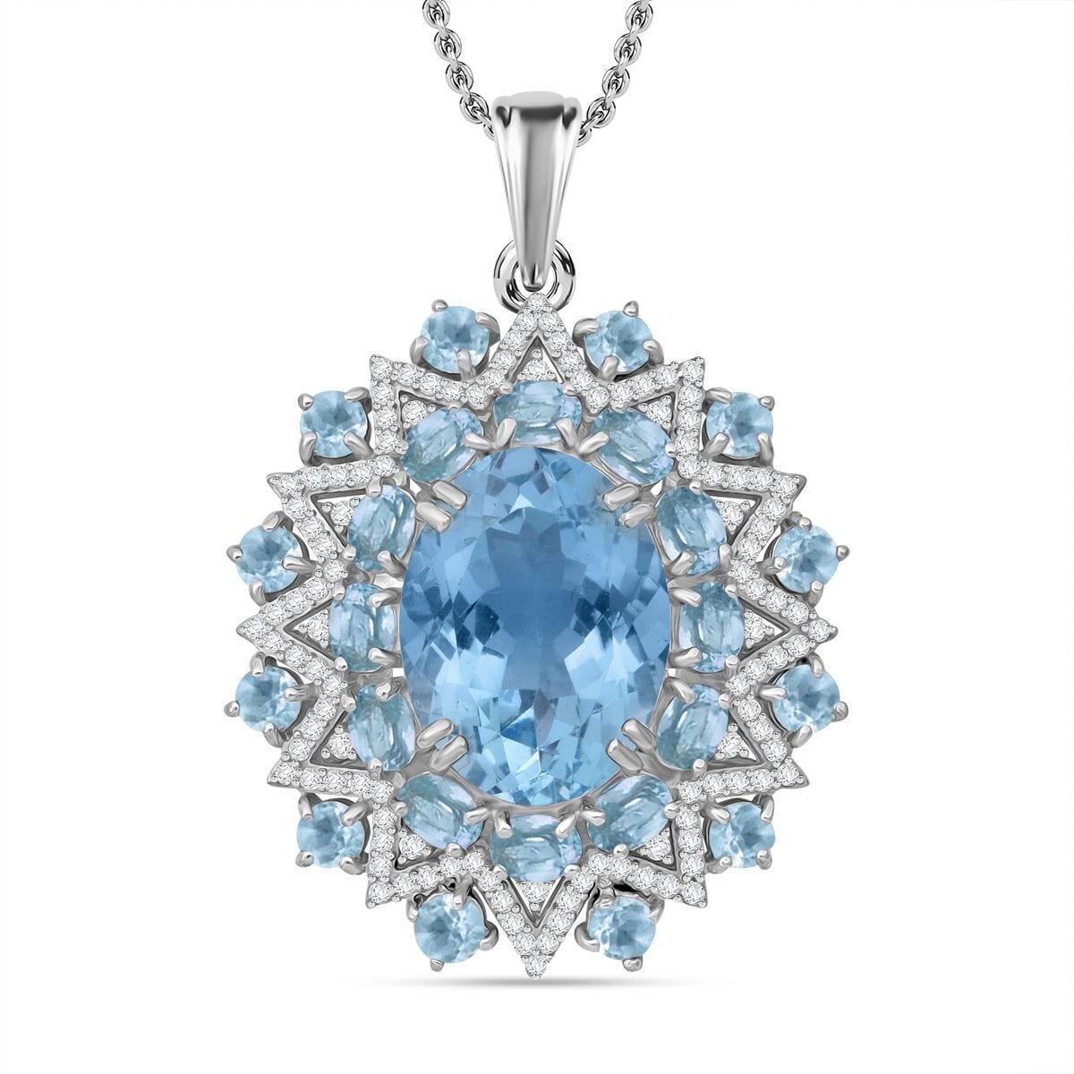 Sky Blue Topaz and White Zircon 17.20 ctw Eclipse Royale Pendant Necklace in Rhodium Over Sterling Silver 20 Inches image number 0