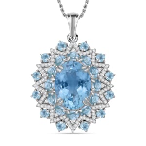 Sky Blue Topaz and White Zircon 17.20 ctw Eclipse Royale Pendant Necklace in Rhodium Over Sterling Silver 20 Inches