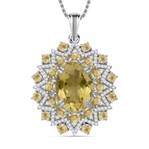 Green Gold Quartz and White Zircon 13.75 ctw Eclipse Royale Pendant Necklace in Rhodium Over Sterling Silver 20 Inches