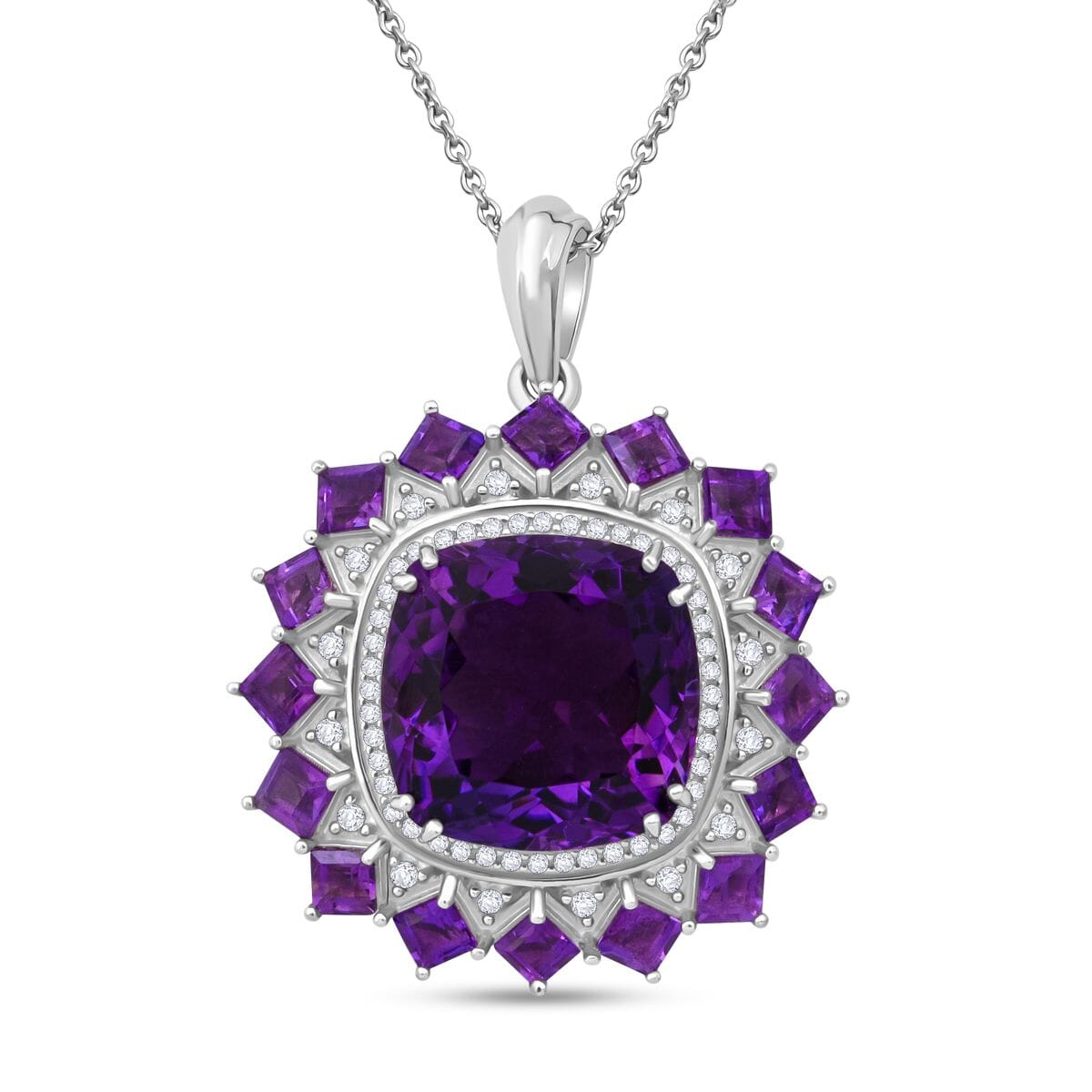 D'Joy African Amethyst and White Zircon 15.50 ctw Floral Pendant Necklace in Rhodium Over Sterling Silver 20 Inches image number 0