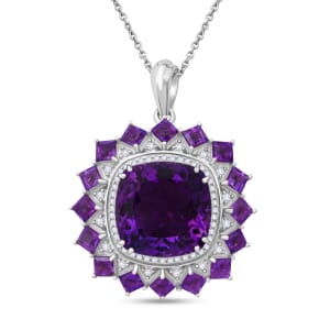 D'Joy African Amethyst and White Zircon 15.50 ctw Floral Pendant Necklace in Rhodium Over Sterling Silver 20 Inches