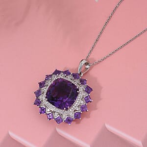 D'Joy African Amethyst and White Zircon 15.50 ctw Floral Pendant Necklace in Rhodium Over Sterling Silver 20 Inches