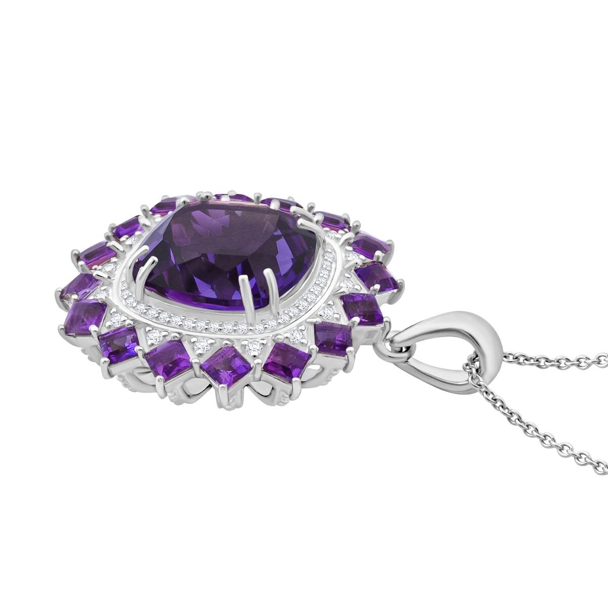 D'Joy African Amethyst and White Zircon 15.50 ctw Floral Pendant Necklace in Rhodium Over Sterling Silver 20 Inches image number 3