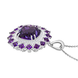 D'Joy African Amethyst and White Zircon 15.50 ctw Floral Pendant Necklace in Rhodium Over Sterling Silver 20 Inches