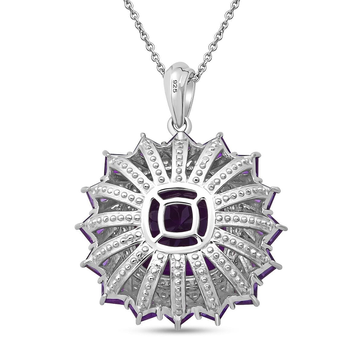 D'Joy African Amethyst and White Zircon 15.50 ctw Floral Pendant Necklace in Rhodium Over Sterling Silver 20 Inches