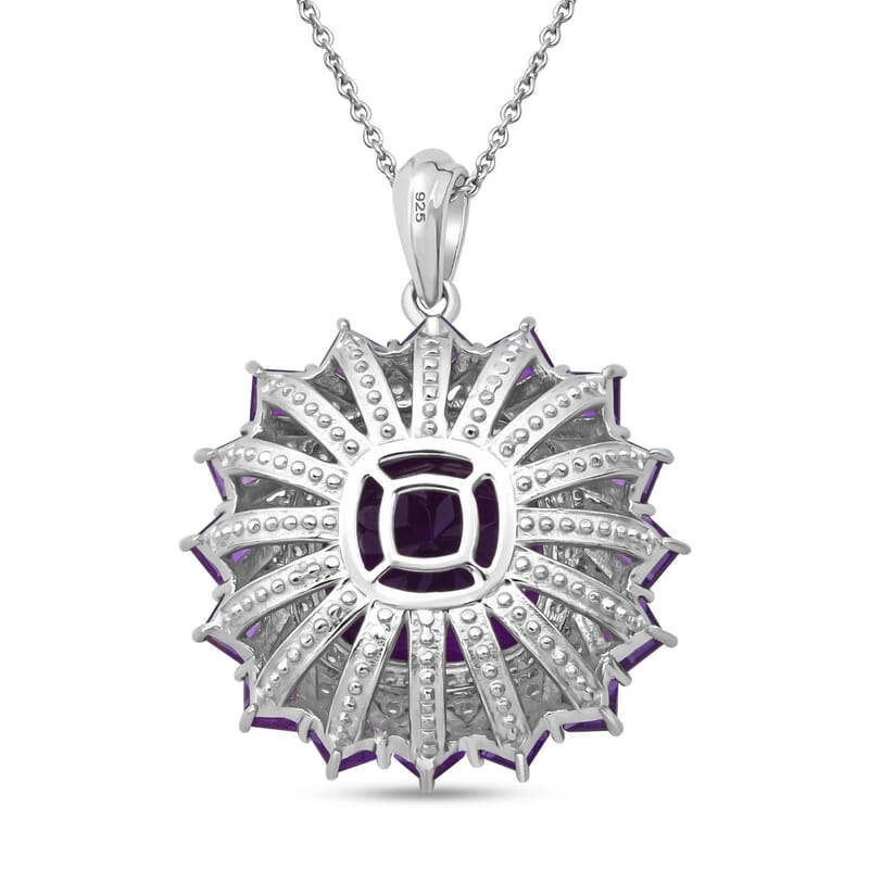 D'Joy African Amethyst and White Zircon 15.50 ctw Floral Pendant Necklace in Rhodium Over Sterling Silver 20 Inches