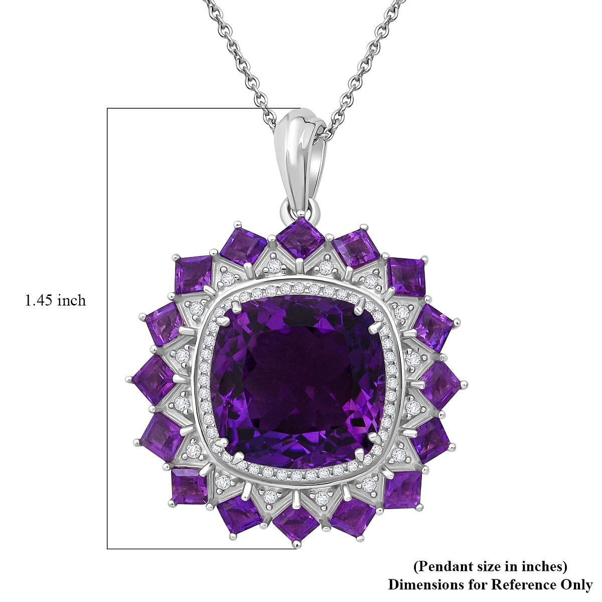 D'Joy African Amethyst and White Zircon 15.50 ctw Floral Pendant Necklace in Rhodium Over Sterling Silver 20 Inches