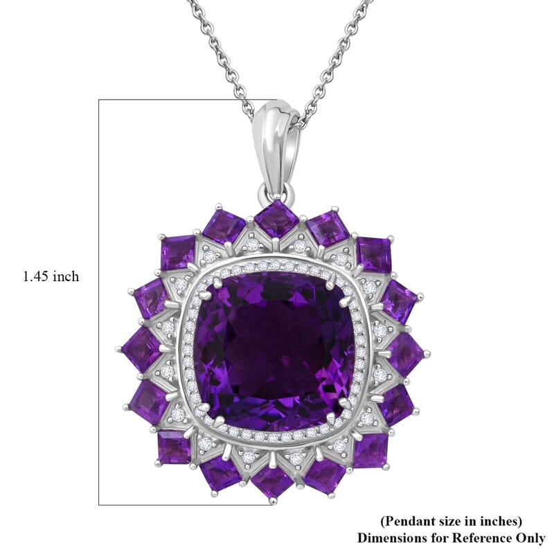 D'Joy African Amethyst and White Zircon 15.50 ctw Floral Pendant Necklace in Rhodium Over Sterling Silver 20 Inches