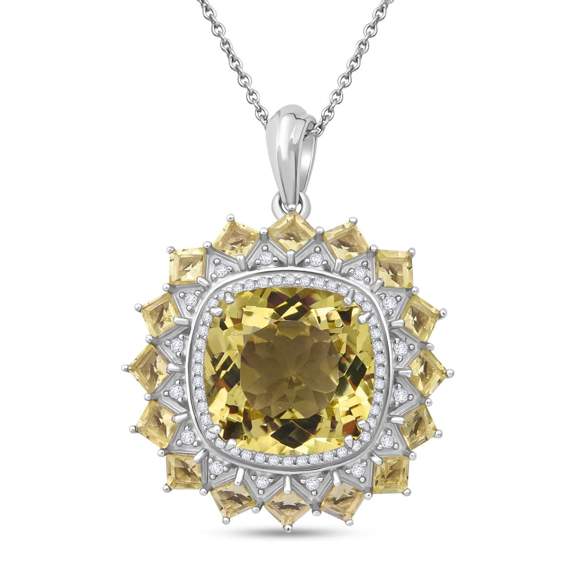 Green Gold Quartz and White Zircon 14.15 ctw Floral Pendant Necklace in Rhodium Over Sterling Silver 20 Inches image number 0