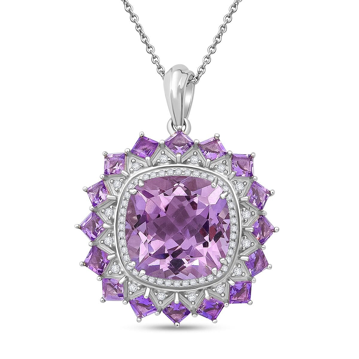 D'Joy Rose De France Amethyst and White Zircon 14.15 ctw Pendant Necklace in Rhodium Over Sterling Silver 20 Inches image number 0