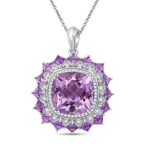 D'Joy Rose De France Amethyst and White Zircon 14.15 ctw Pendant Necklace in Rhodium Over Sterling Silver 20 Inches