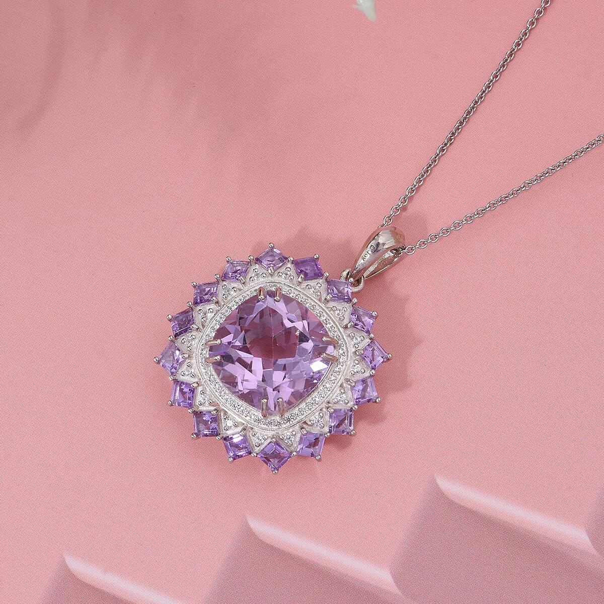 D'Joy Rose De France Amethyst and White Zircon 14.15 ctw Pendant Necklace in Rhodium Over Sterling Silver 20 Inches image number 1