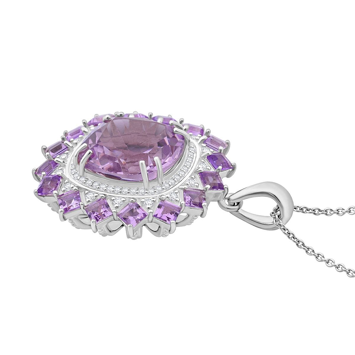 D'Joy Rose De France Amethyst and White Zircon 14.15 ctw Pendant Necklace in Rhodium Over Sterling Silver 20 Inches image number 3