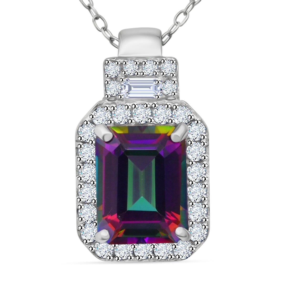 Green Mystic Topaz and White Topaz 3.35 ctw Halo Pendant Necklace in Rhodium Over Sterling Silver 20 Inches image number 0