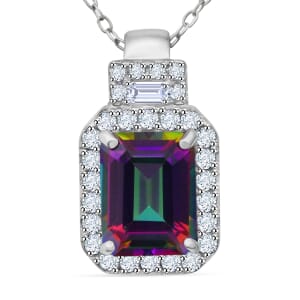 Green Mystic Topaz and White Topaz 3.35 ctw Halo Pendant Necklace in Rhodium Over Sterling Silver 20 Inches