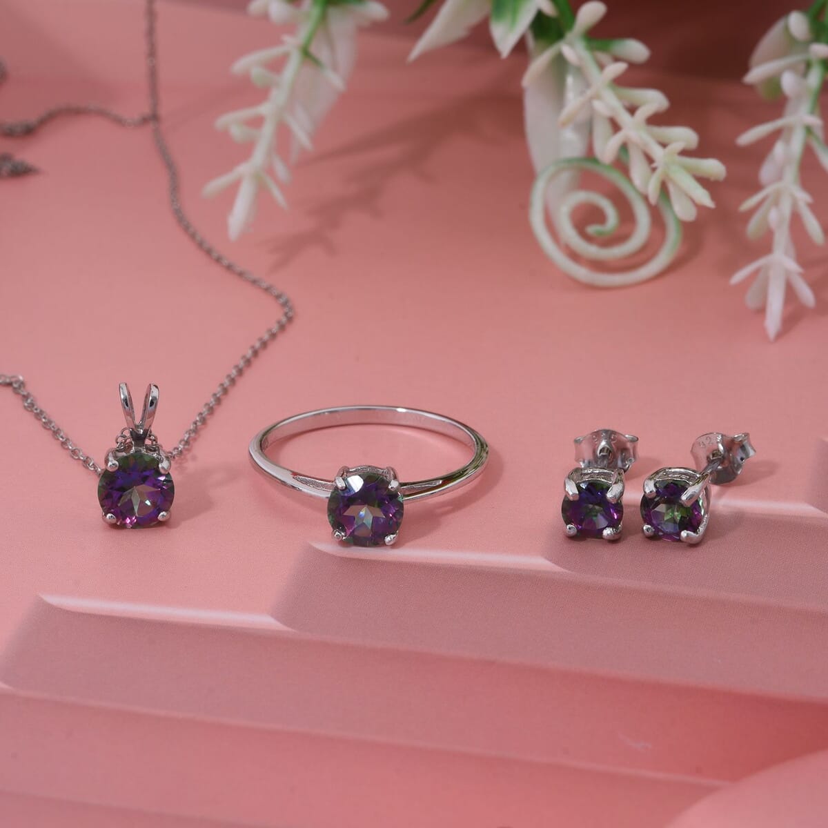 Green Mystic Topaz 3.25 ctw Stud Earrings, Solitaire Ring (Size 8.0) and Pendant Necklace 20 Inches in Rhodium Over Sterling Silver image number 1