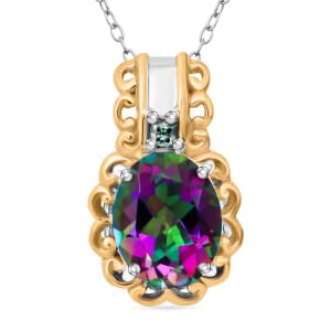 Green Mystic Topaz and Blue Moissanite 2.90 ctw Pendant Necklace 20 Inches in 18K Vermeil YG and Rhodium Over Sterling Silver